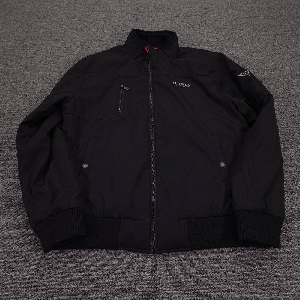 Guess Jacket Mens Large Black Polyester Bomber Full Zip Lined Pockets Outdoor